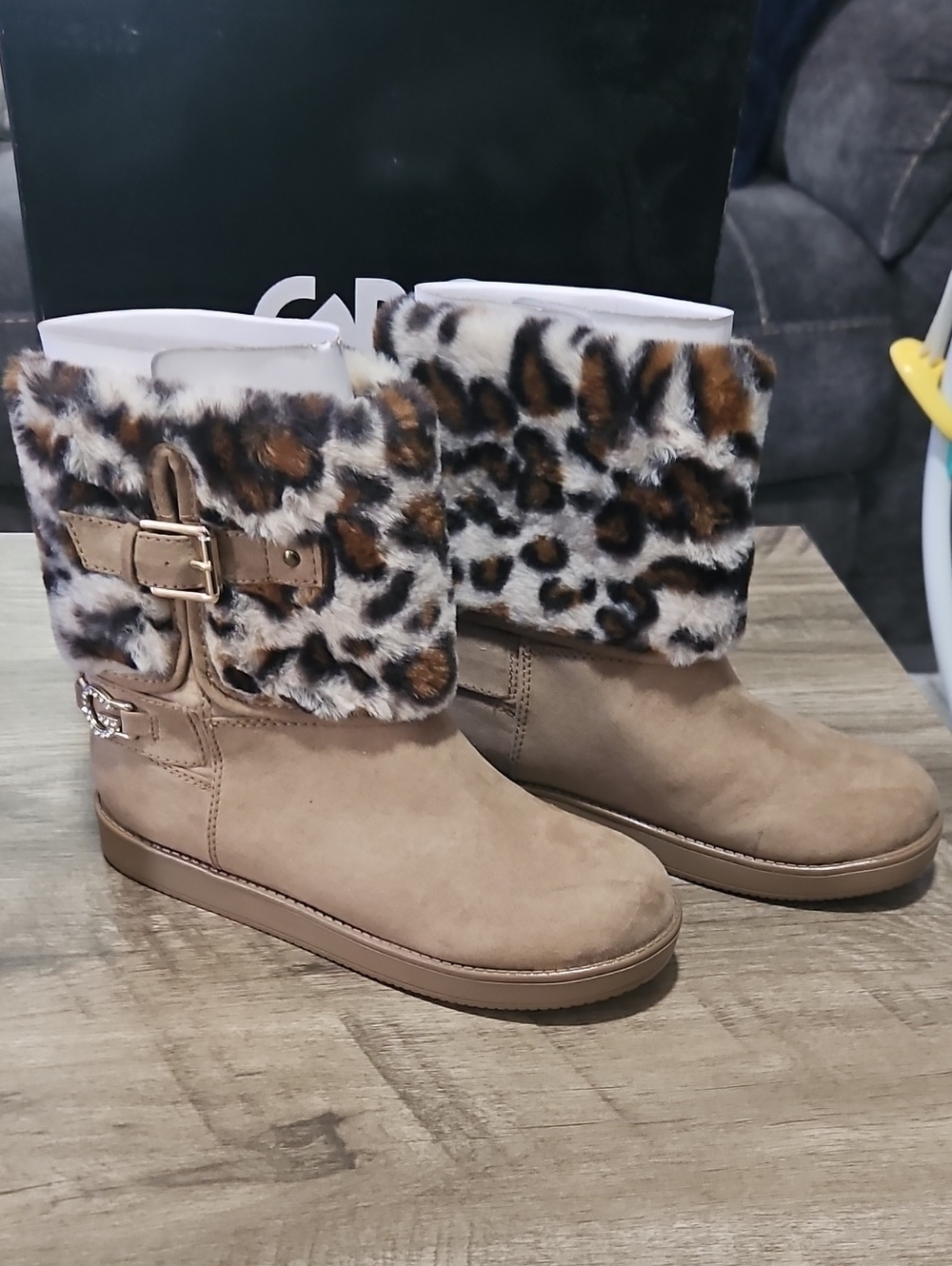 GBG Los Angeles Tan Ankle Boots with Leopard Faux Fur Cuff